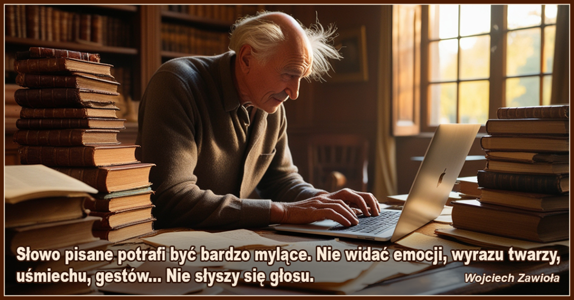 Słowo pisane potrafi być bardzo mylące. Nie widać emocji, wyrazu twarzy, uśmiechu, gestów... Nie słyszy się głosu - Wojciech Zawioła