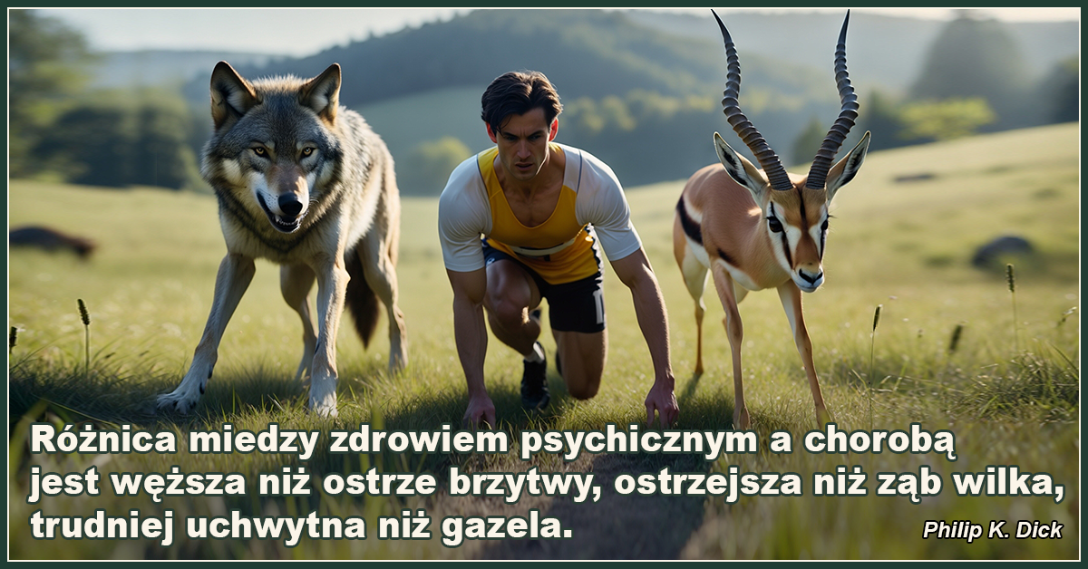 Różnica między zdrowiem psychicznym a chorobą jest węższa niż ostrze brzytwy, ostrzejsza niż ząb wilka, trudniej uchwytna niż gazela. - Philip K. Dick